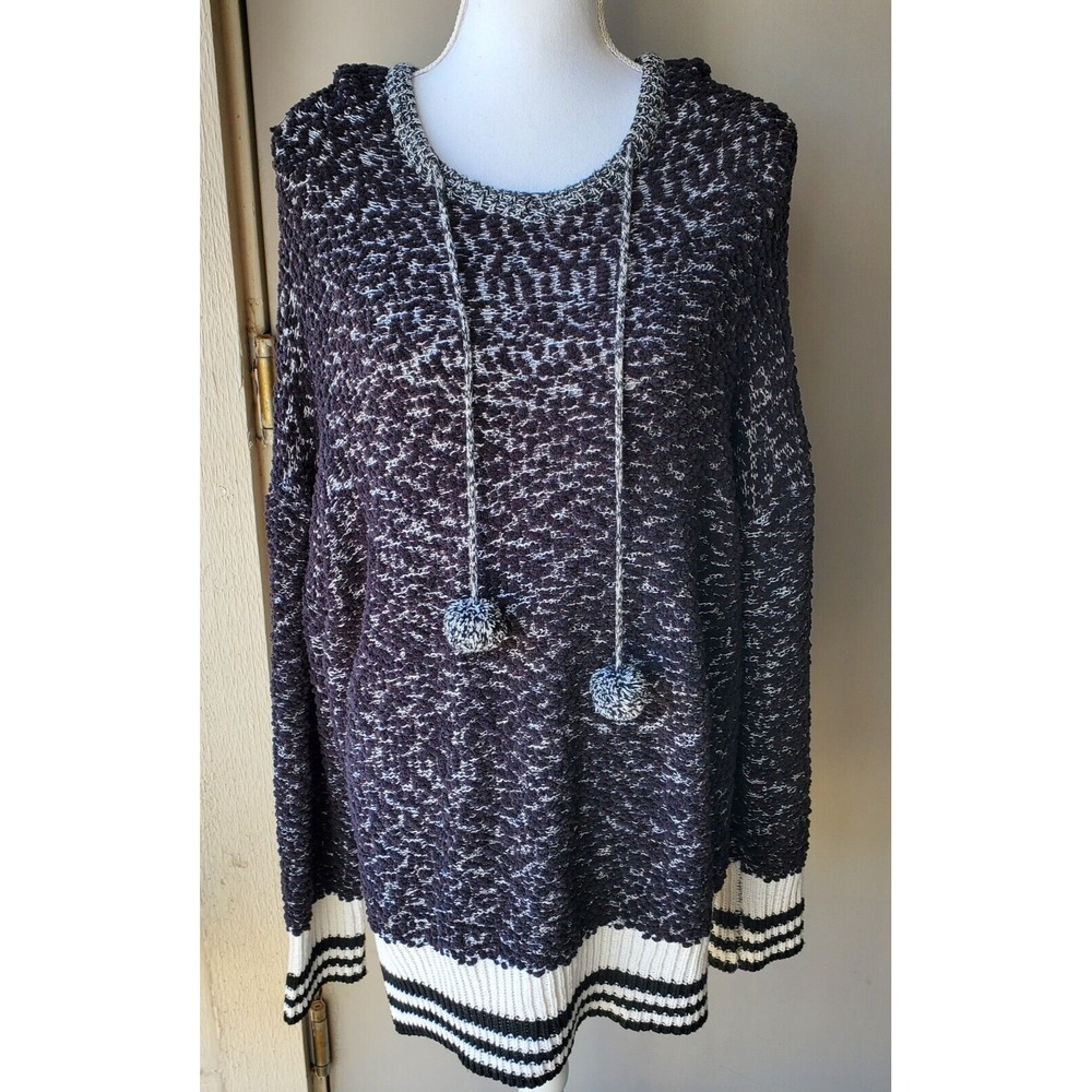 ODDI Pom Pom Sweater Womens M/L Black White Popcorn Knit Hooded Pullover